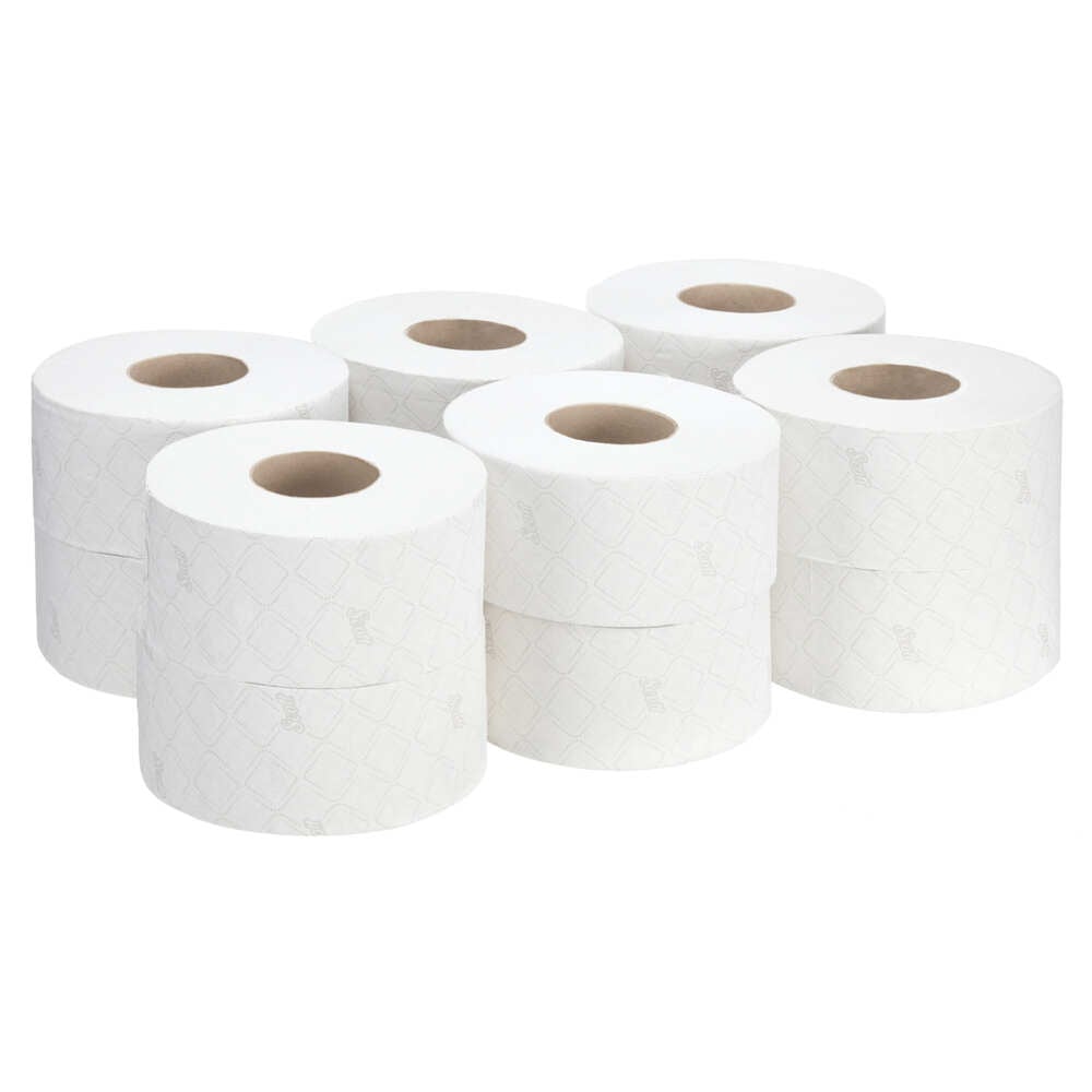 Scott® Essential™ Jumbo Toilettenpapierrolle 8512 – Jumbo-Rolle Toilettenpapier – 12 Rollen x 526 Blatt 2-lagigen Toilettenpapiers (2.400 m gesamt) - 8512
