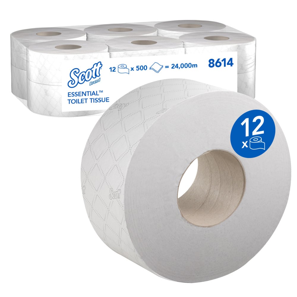 Rouleau de papier toilette Jumbo Scott® Essential™ 8614 - Papier toilette 2 épaisseurs - 12 rouleaux de 500 feuilles blanches de papier toilette (2 400 m)