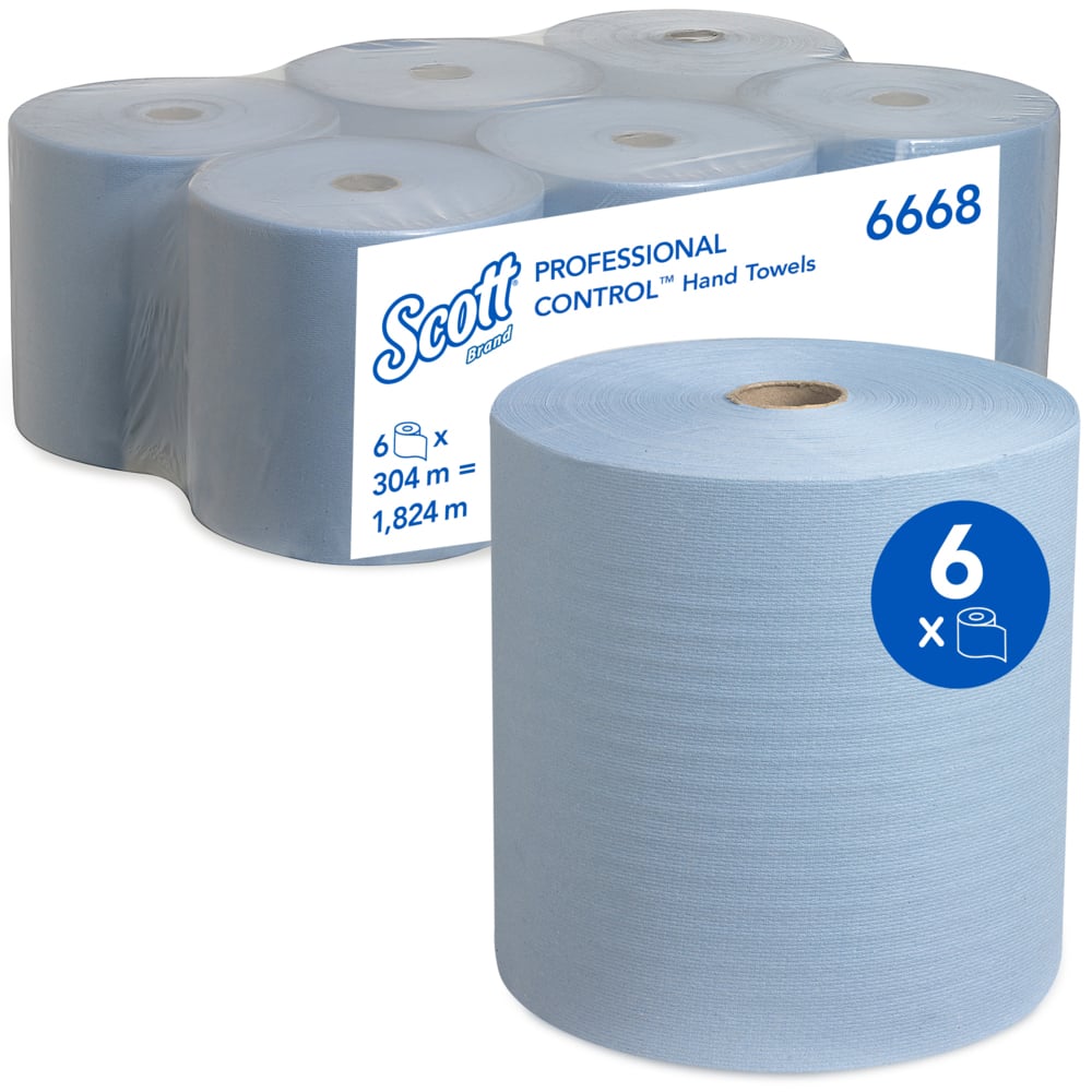 Scott® Rolled Paper Hand Towels 6668 - Blue Rolls 6 Pack - 6 Rolls x 304m Blue Paper Towels (1,824m Total) - 6668