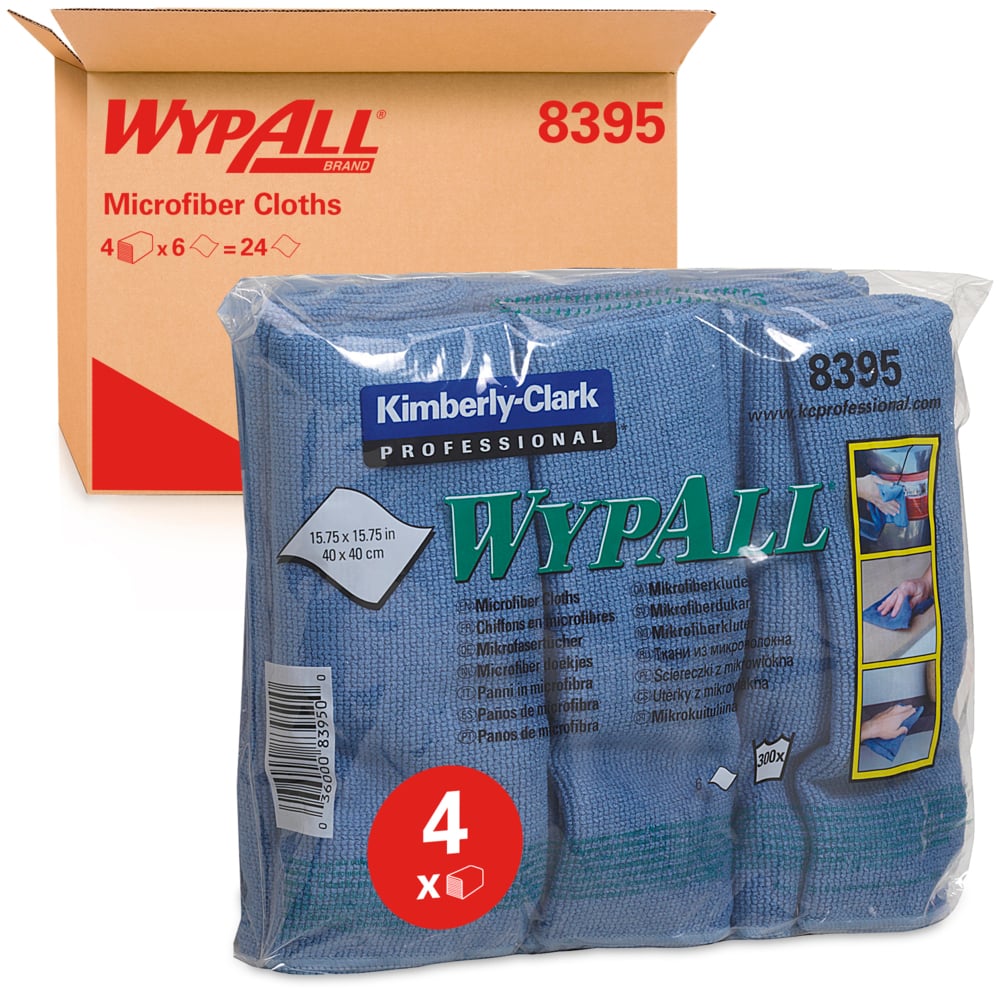 Chiffons en microfibres WypAll® 8395 - 4 paquets de 6 chiffons bleus de 40 x 40 cm (24 au total)  - 8395