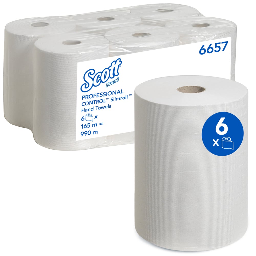 Scott® Slimroll™ Hand Towels 6657 - Paper Hand Towels for Dispenser - 6 Rolls x 165m White Paper Towels (990m Total) - 6657