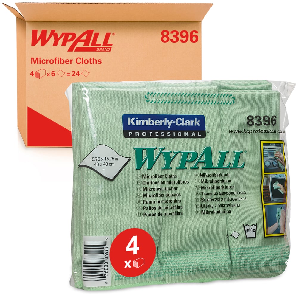 Chiffons en microfibres WypAll® 8396 - 4 paquets de 6 chiffons verts de 40 x 40 cm (24 au total) - 8396
