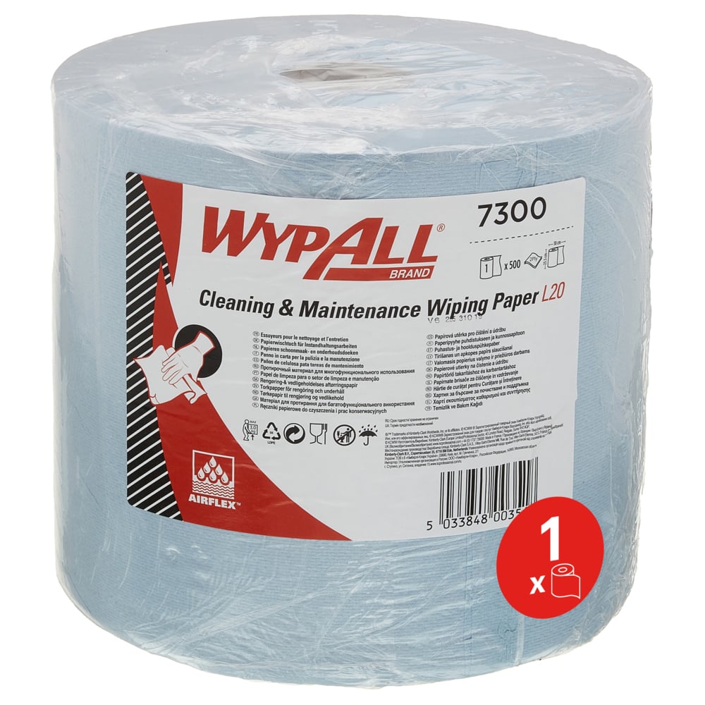 WypAll® wegwerp poetsdoeken voor schoonmaak en onderhoud, L20 Jumborol 7300 - 1 rol x 500 vellen, 2-laags, blauw - 7300