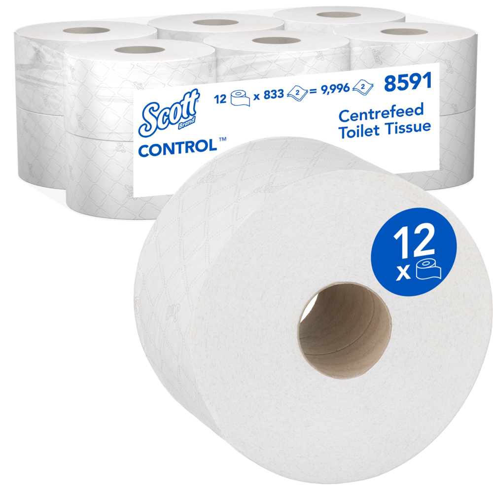 Scott® Control™ Centrefeed Toilet Tissue 8591 - 2 Ply Toilet Paper - 12 Toilet Rolls x 833 Toilet Paper Sheets (9,996 Total)
