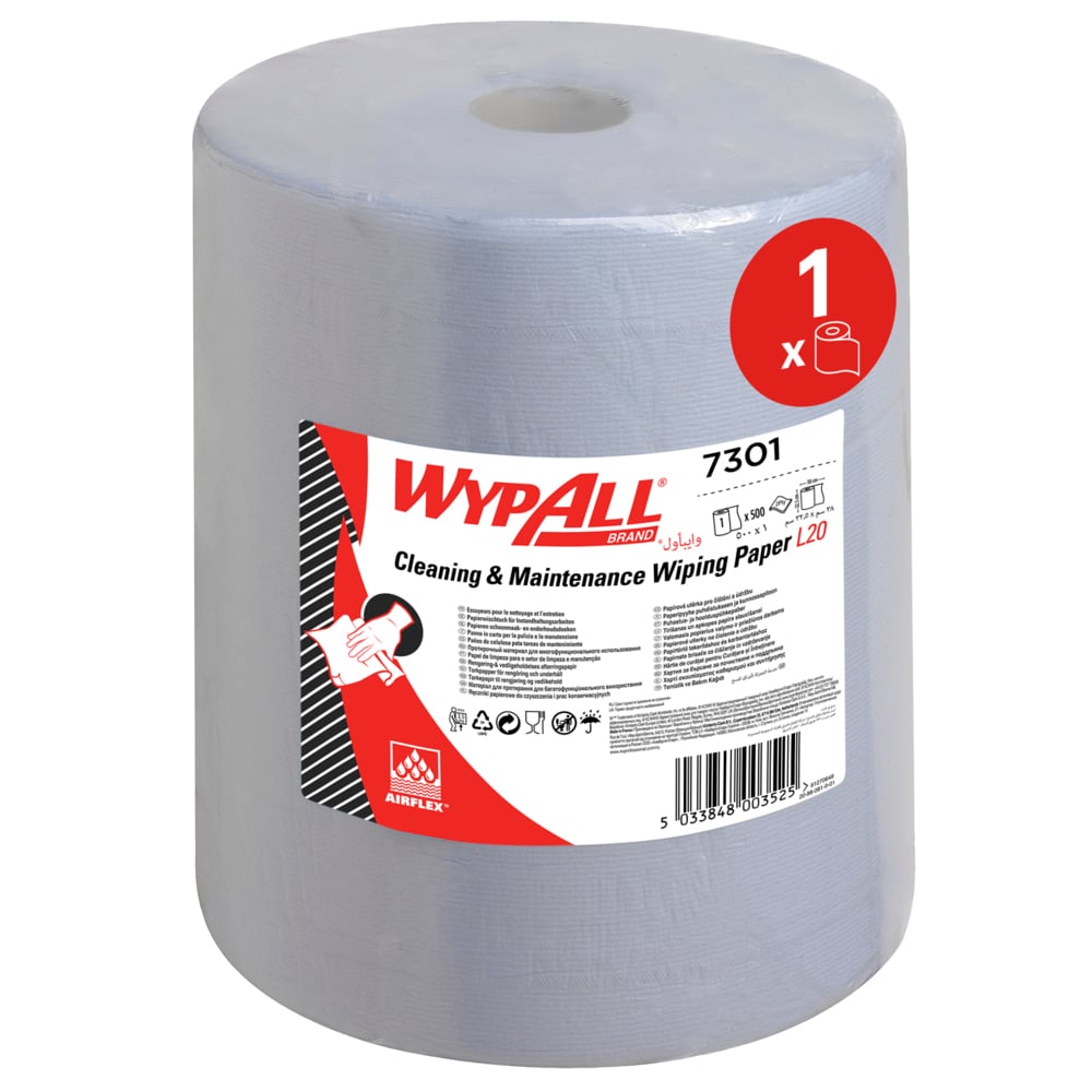 WypAll® L20 Cleaning and Maintenance Wiping Paper 7301 - Extra Wide - 1 Blue Wiper Roll x 500 Paper Wipers (500 total) - 7301