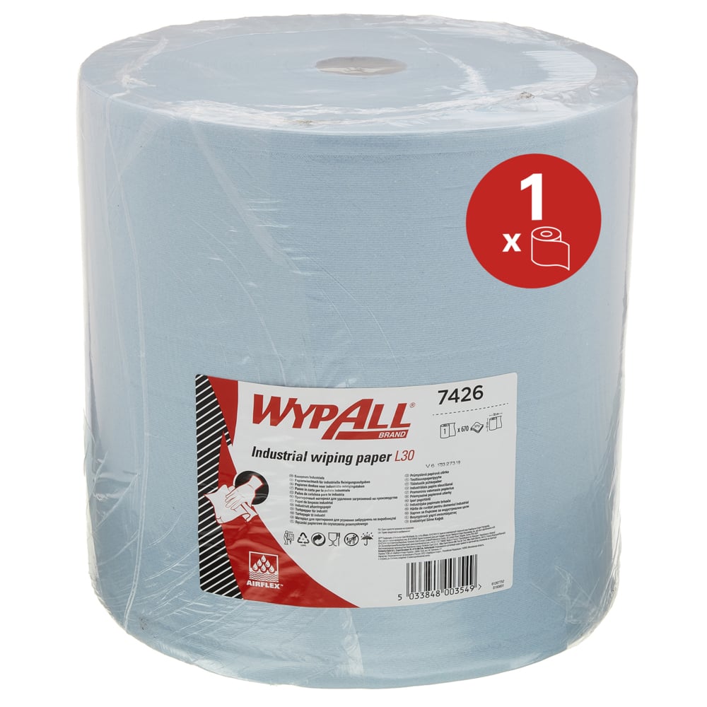 WypAll® L30 Extra Wide Jumbo Roll Industrial Wiping Paper 7426 - Large Industrial Blue Roll - 1 Cleaning Roll x 670 Blue, 3 Ply Wiping Paper Sheets (670 Sheets Total) - 7426