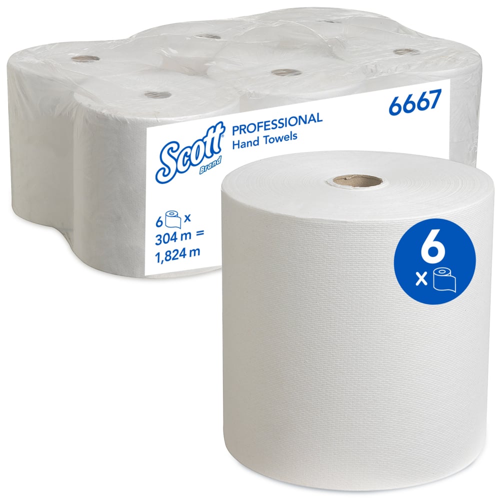 Scott® Rolled Hand Towels 6667 - Paper Hand Towels for Dispenser - 6 Rolls x 304m White Paper Towels (1,824m Total);Scott® Rolled Hand Towels 6667 - 6 x 304m white, 1 ply rolls - 6667
