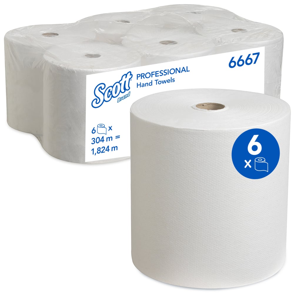 Scott® gerollte Papierhandtücher 6667 - Handtücher  für Spender - 6 x 304 m Papierhandtuchrollen- Weiß, 1-lagig - 6667