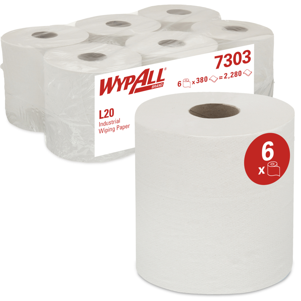 WypAll® Industriewischtücher L20, mit Zentralentnahme, 7303 – 6 Rollen x 380 Wischtücher, 2-lagig, weiß - 7303