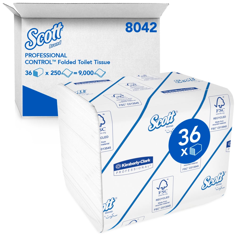 Scott® Control™ Folded Toilet Tissue 8042 - 2 Ply Bulk Toilet Paper - 36 Packs x 250 Toilet Paper Sheets (9,000 Total) - 8042