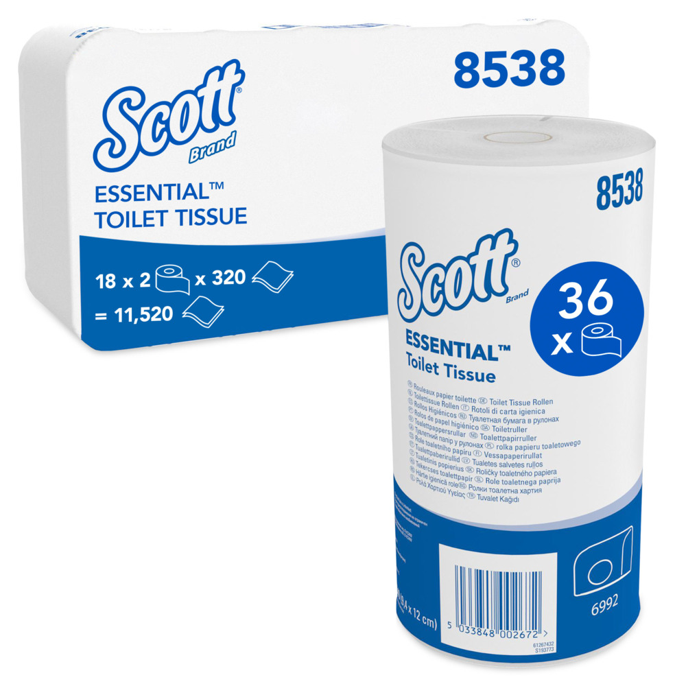 Scott® Essential™ Standard Size Toilet Roll 8538 - 2 Ply Toilet Paper - 36 Rolls x 320 White Toilet Tissue Sheets (11,520 Sheets Total)
