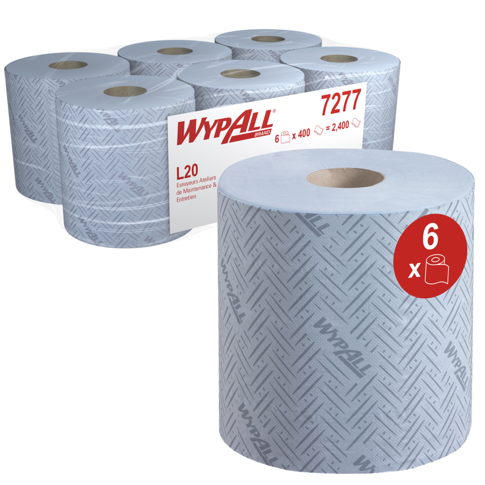 Paños de papel de color azul para mantenimiento y limpieza WypAll® L20 7277 - Rollos con dispensación central de 2 capas - 6 rollos azules x 400 paños de papel (2400 en total) - 7277