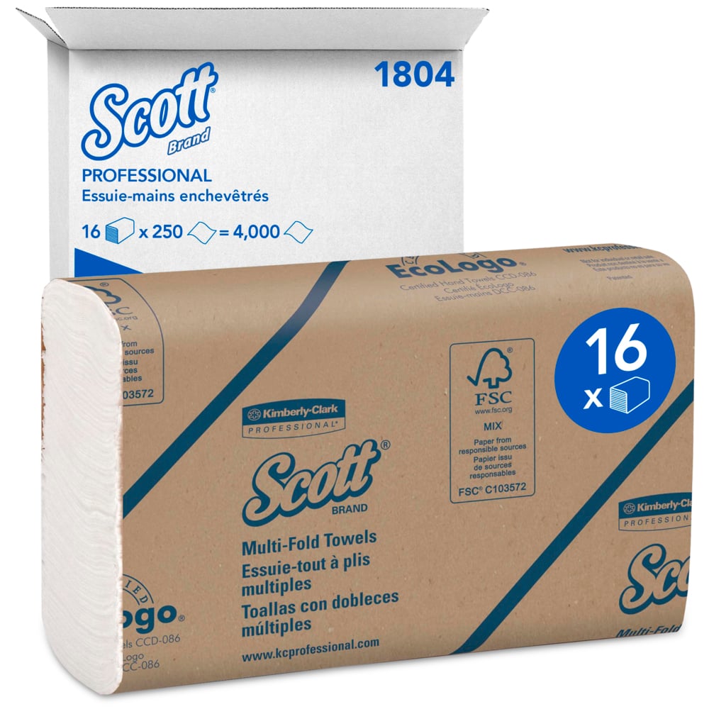 Essuie-mains multiplis Scott® 1804 - Serviettes en papier pliées en Z - 16 paquets x 250 essuie-mains en papier blancs (4 000 au total) - 1804