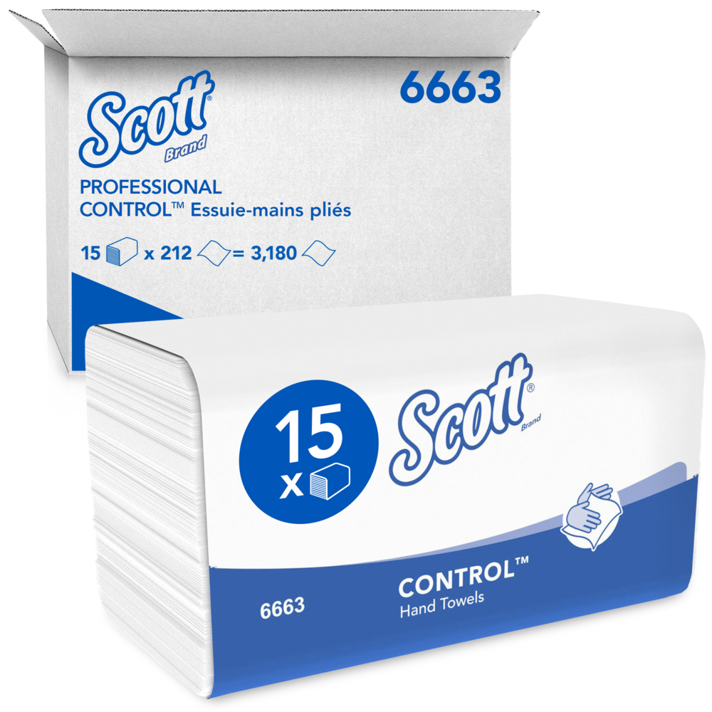 Scott® Control™ ineengevouwen papieren handdoekjes 6663 - M-gevouwen papieren doekjes - 15 verpakkingen x 212 papieren handdoek op rol (3180 stuks in totaal) - 6663