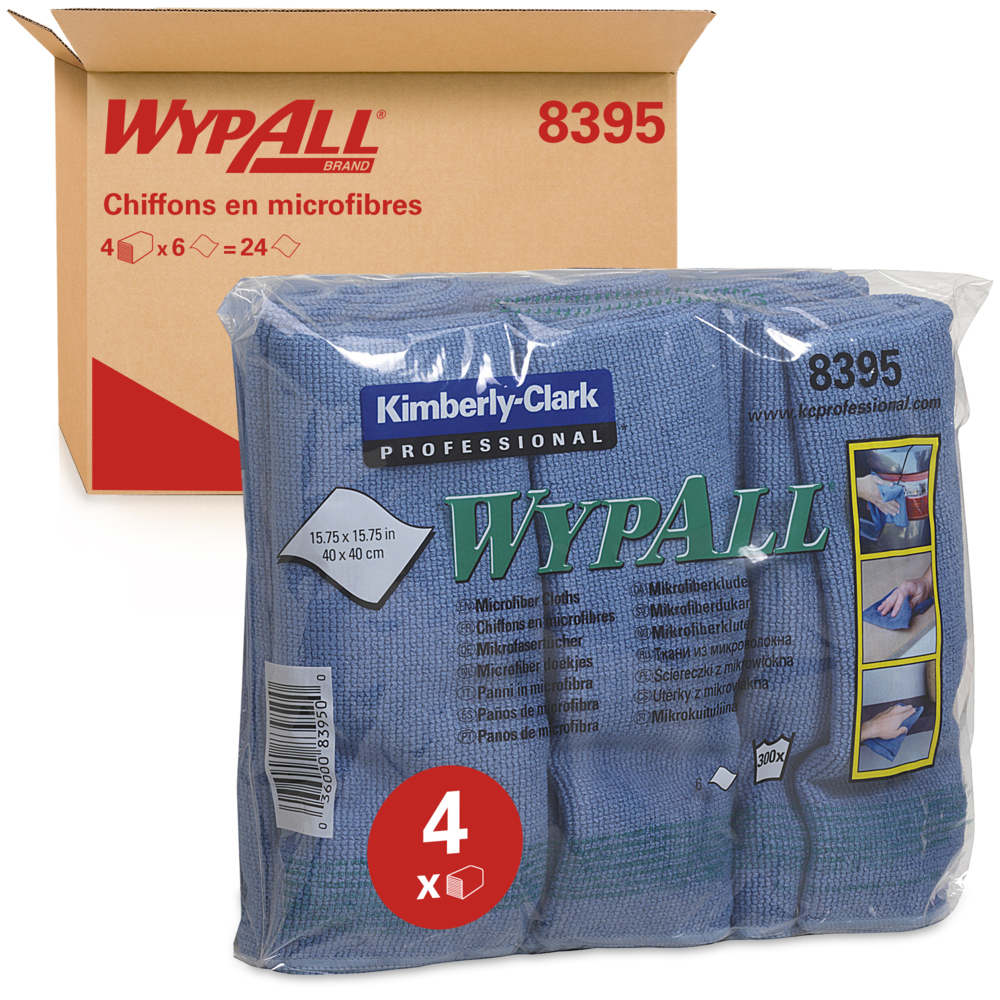 Chiffons en microfibres WypAll® 8395 - 4 paquets de 6 chiffons bleus de 40 x 40 cm (24 au total)  - 8395