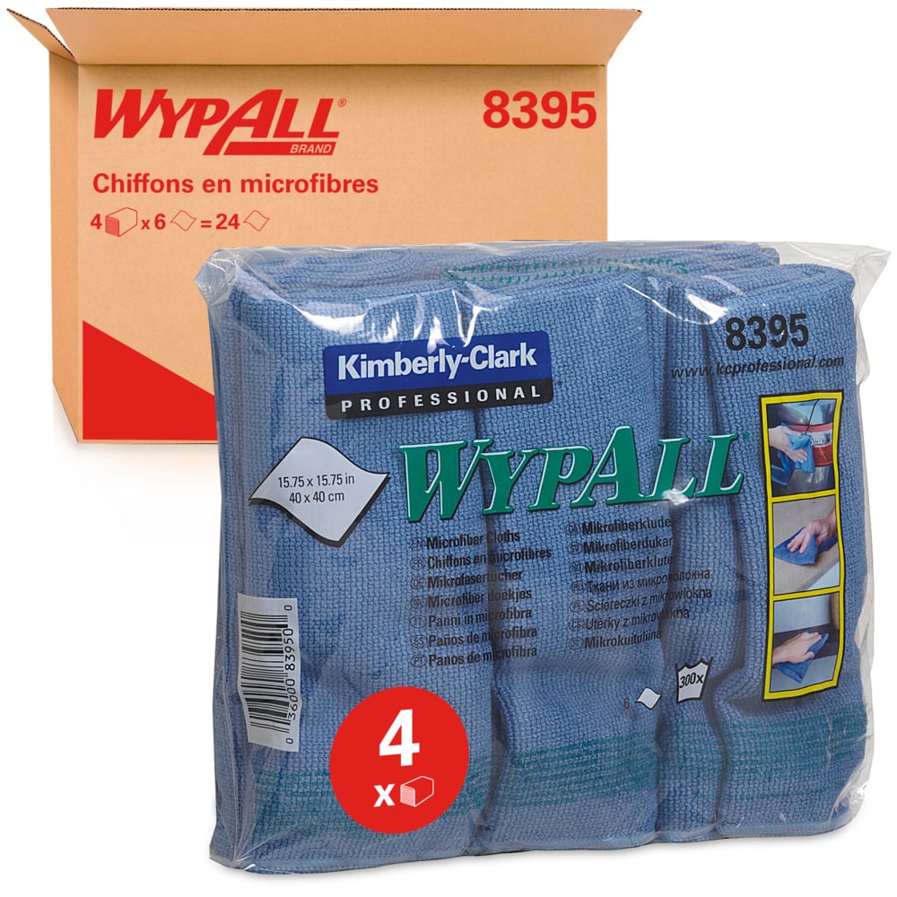 Chiffons en microfibres WypAll® 8395 - 4 paquets de 6 chiffons bleus de 40 x 40 cm (24 au total)  - 8395