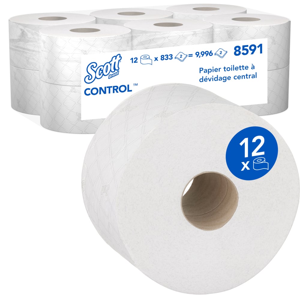 Papier toilette à dévidage central Scott® Control™ 8591 - Papier toilette 2 épaisseurs - 12 rouleaux x 833 feuilles de papier toilette (9 996 feuilles au total) - 8591