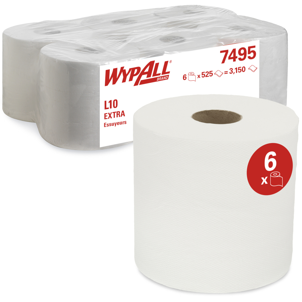 Essuyeurs WypAll® L10 Extra - Dévidage central Roll Control™ 7495 - 6 rouleaux de 525 formats blancs, 1 épaisseur - 7495