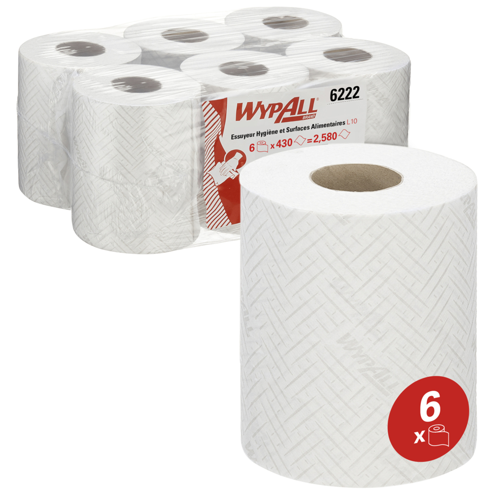 WypAll® L10 poetsdoeken voor horeca en persoonlijke verzorging 6222 - 1-laagse droge reinigingsdoeken - 6 witte centerfeedrollen x 430 papieren doeken (2580 in totaal) - 6222