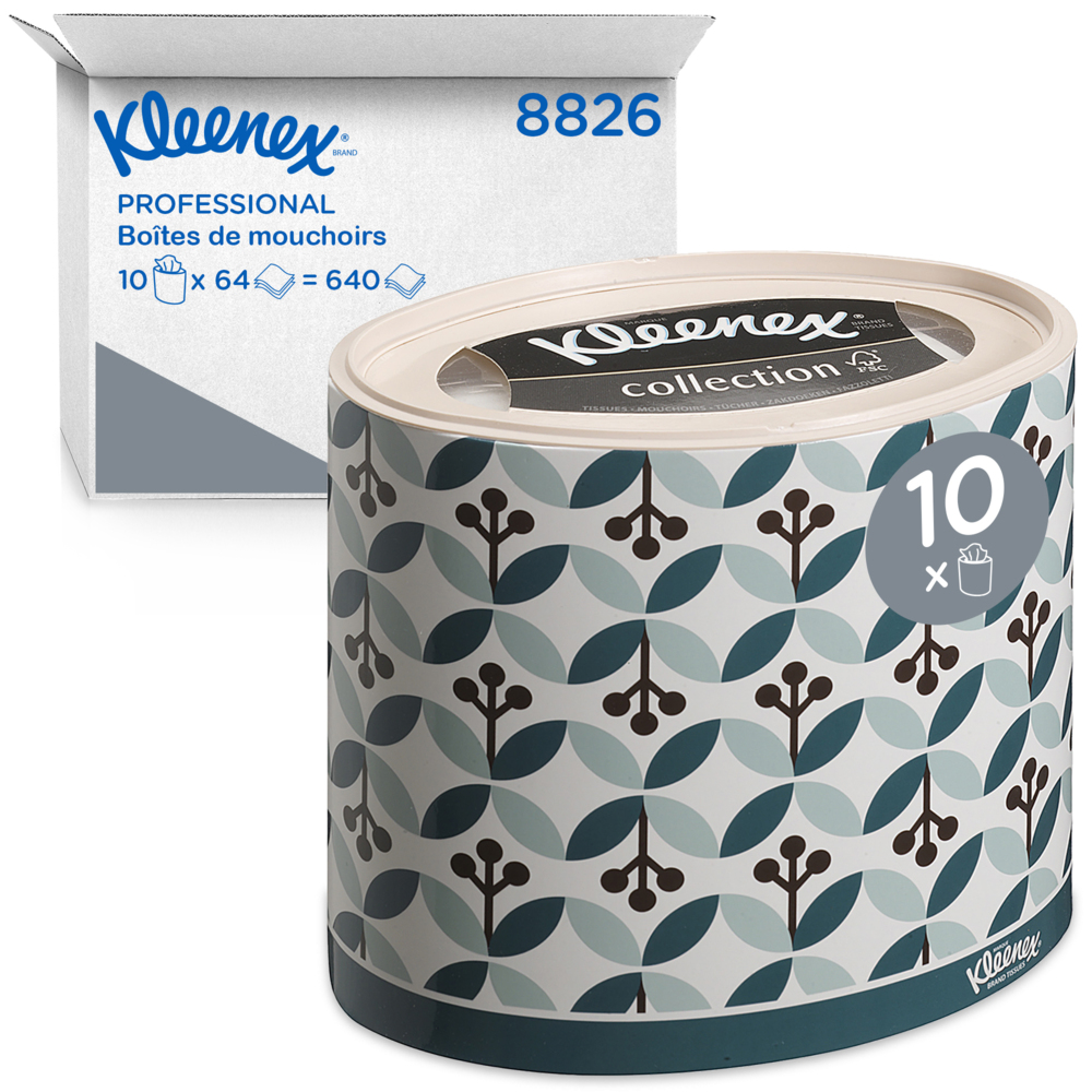 Mouchoirs Kleenex® 8826 - Boîte ovale de mouchoirs 3 épaisseurs - 10 boîtes de mouchoirs x 64 mouchoirs (640 au total) - 8826