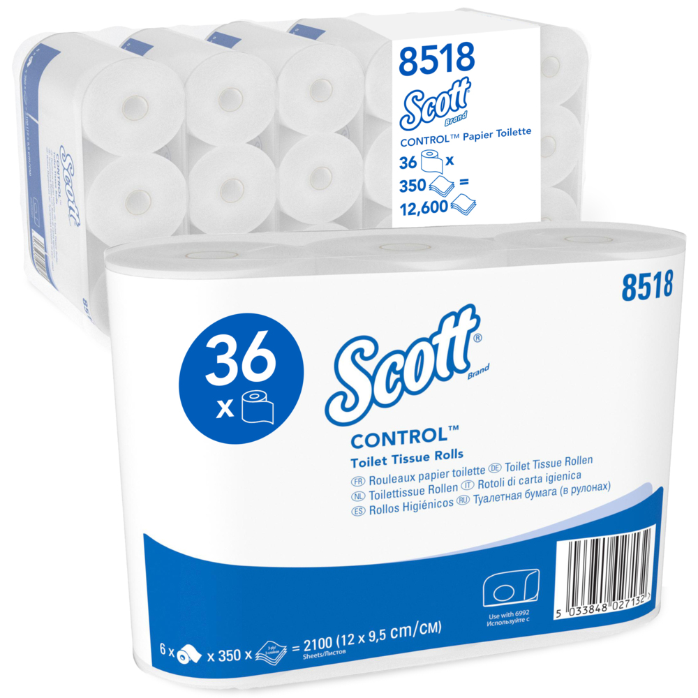 Scott® Control™ Papel higiénico en rollo estándar 8518, 36 rollos x 350 hojas blancas de 3 capas (12.600 hojas) - 8518