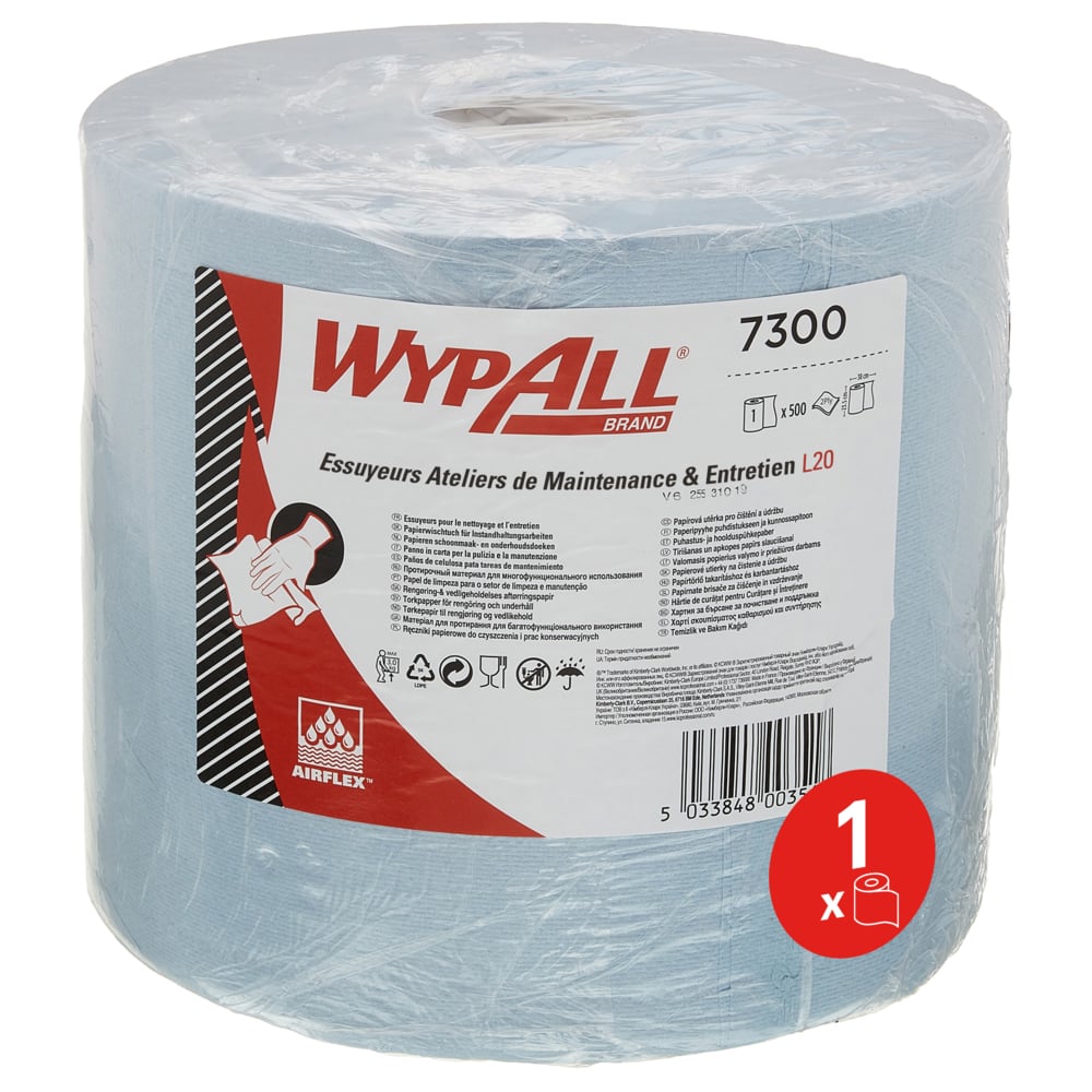 WypAll® wegwerp poetsdoeken voor schoonmaak en onderhoud, L20 Jumborol 7300 - 1 rol x 500 vellen, 2-laags, blauw - 7300