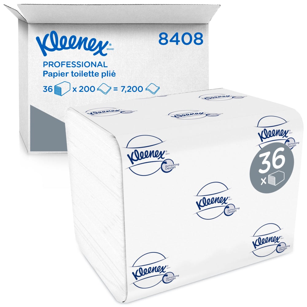 Papier toilette plié Kleenex® 8408 - Papier toilette 2 plis grand format - 36 paquets x 200 feuilles de papier toilette (7 200 feuilles) - 8408