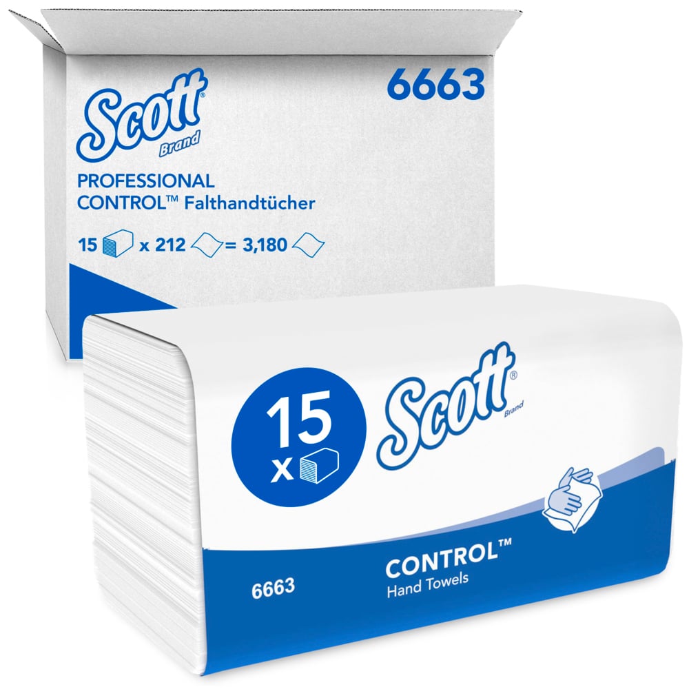 Secamanos interplegados Scott® Control™ 6663 - Papel secamanos plegado en M - 15 paquetes x 212 unidades de papel secamanos (3180 en total) - 6663