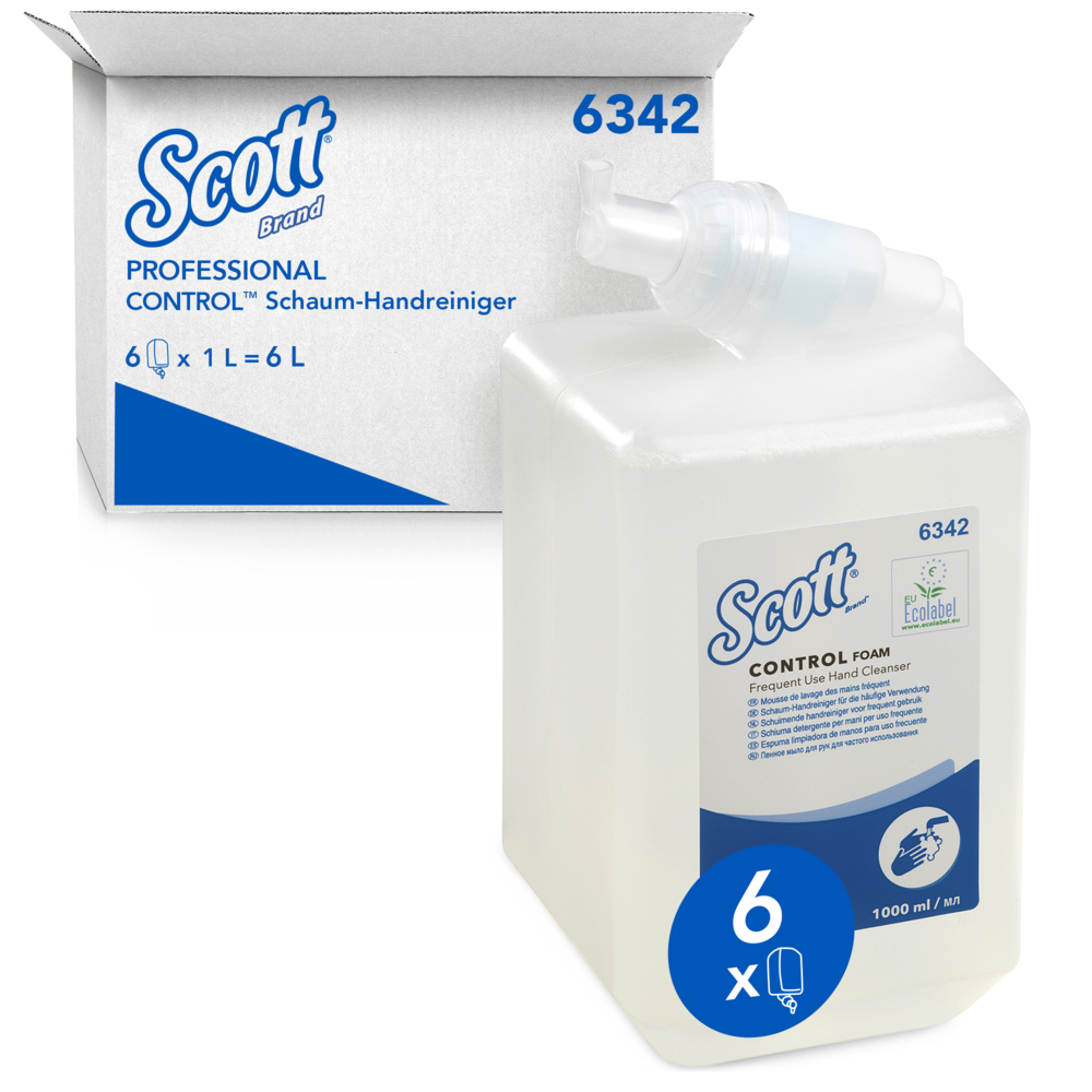 Scott® Control™ schuim handreiniger voor frequent gebruik 6342 –ongeparfumeerde schuimende zeep voor handen - 6 x 1 liter heldere handzeepnavulling (in totaal 6 liter) - 6342