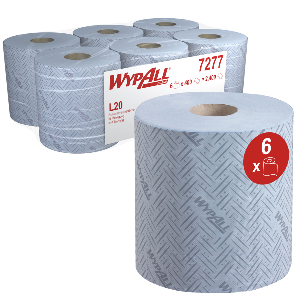 Essuyeur en papier WypAll® L20 bleu pour nettoyage et entretien 7277 - Bobines à dévidage central 2 épaisseurs - 6 bobines bleues x 400 essuyeurs en papier (2 400 au total) - 7277
