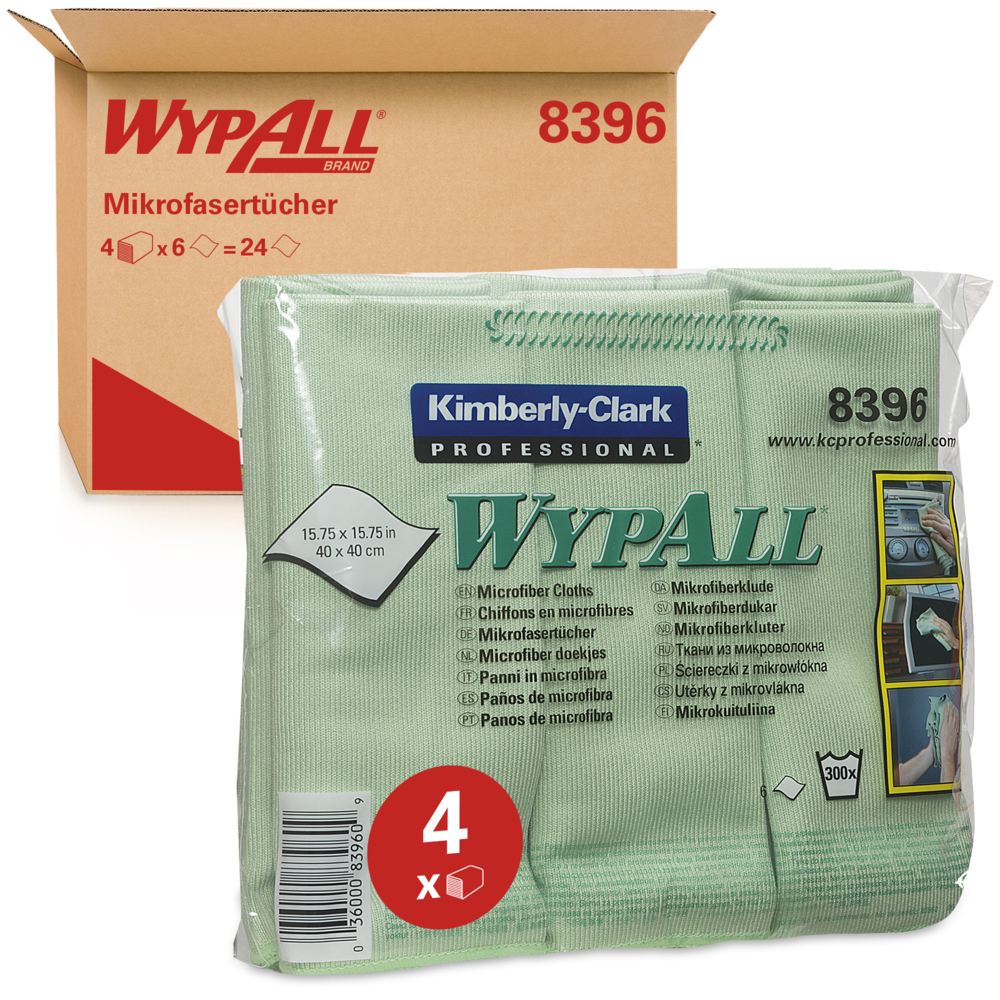Chiffons en microfibres WypAll® 8396 - 4 paquets de 6 chiffons verts de 40 x 40 cm (24 au total) - 8396