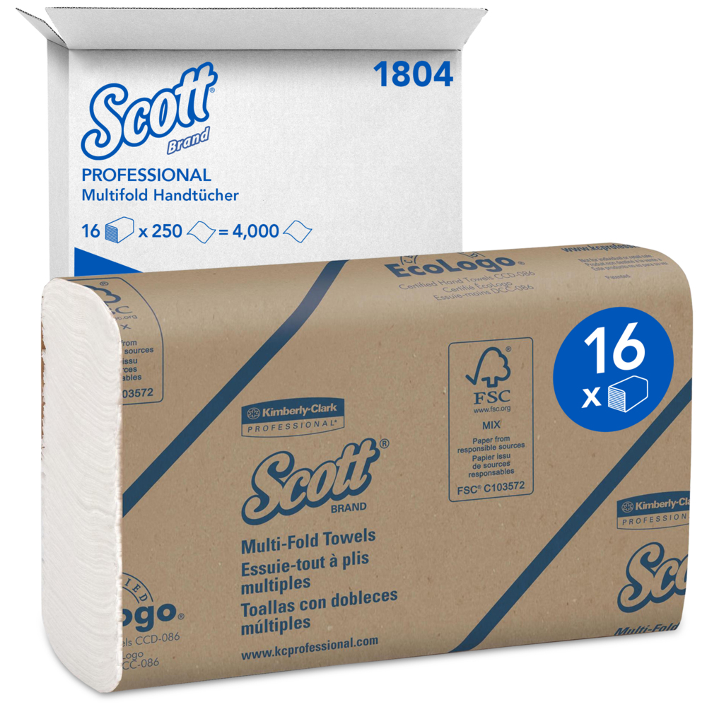 Essuie-mains multiplis Scott® 1804 - Serviettes en papier pliées en Z - 16 paquets x 250 essuie-mains en papier blancs (4 000 au total) - 1804