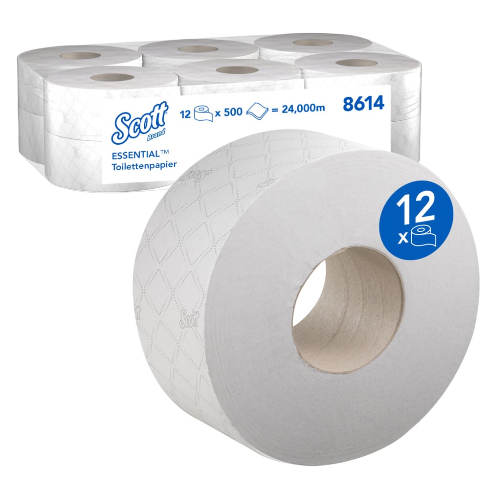 Rouleau de papier toilette Jumbo Scott® Essential™ 8614 - Papier toilette 2 épaisseurs - 12 rouleaux de 500 feuilles blanches de papier toilette (2 400 m) - 8614