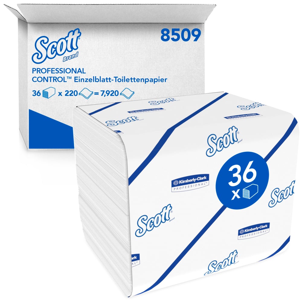 Scott® Control™ Papel Higiénico Plegado de 2 Capas 8509, 36 Paquetes de 220 Hojas, Para Dispensadores Aquarius™ Compatibles, Maxi Pack, Blanco - 8509