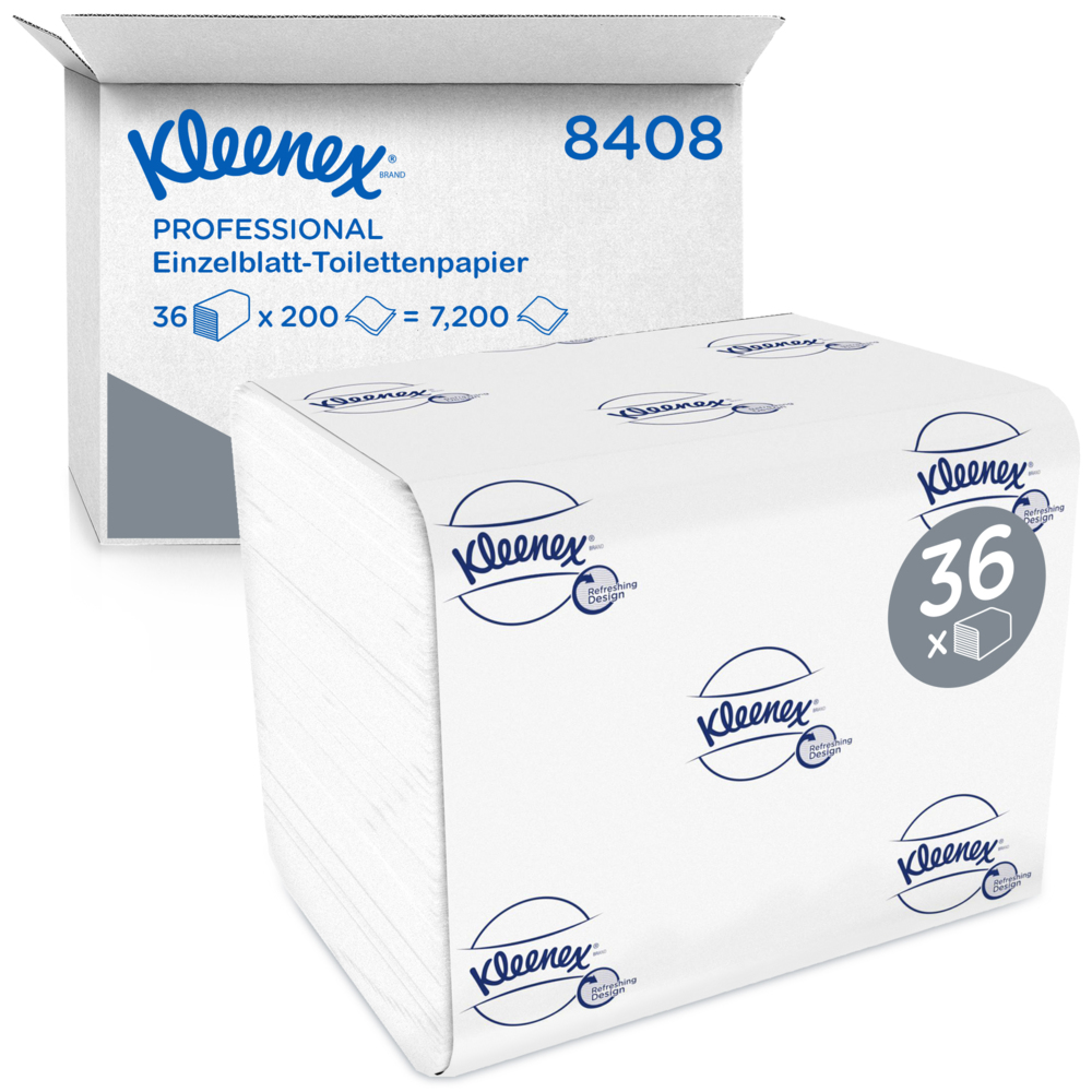 Papier toilette plié Kleenex® 8408 - Papier toilette 2 plis grand format - 36 paquets x 200 feuilles de papier toilette (7 200 feuilles) - 8408