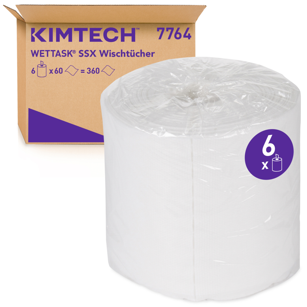 Essuyeurs WypAll® Wettask™ 7764 - Essuyeurs industriels - 6 rouleaux x 60 lingettes de nettoyage blanches (360 pièces au total) - 7764