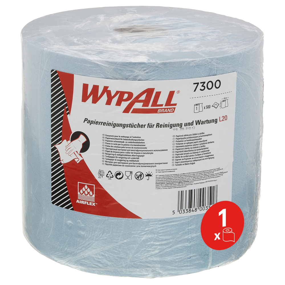 WypAll® L20 Wischtücher 7300 Putztücher für Instandhaltungsarbeiten, Jumborolle, 1 blaue Rolle x 500 Reinigungstücher, 2-lagig, blau - 7300