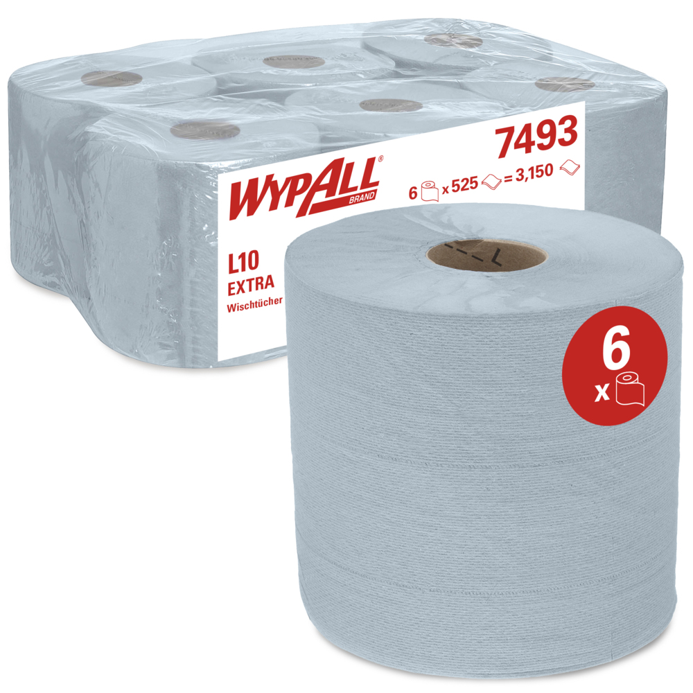 Essuyeurs WypAll® L10 Extra - Dévidage central Roll Control™ 7493 - 6 rouleaux de 525 formats bleus, 1 épaisseur - 7493