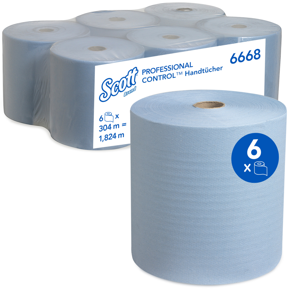 Essuie-mains roulés Scott® 6668 - 6 x 304 m bleus 1 épaisseur - 6668