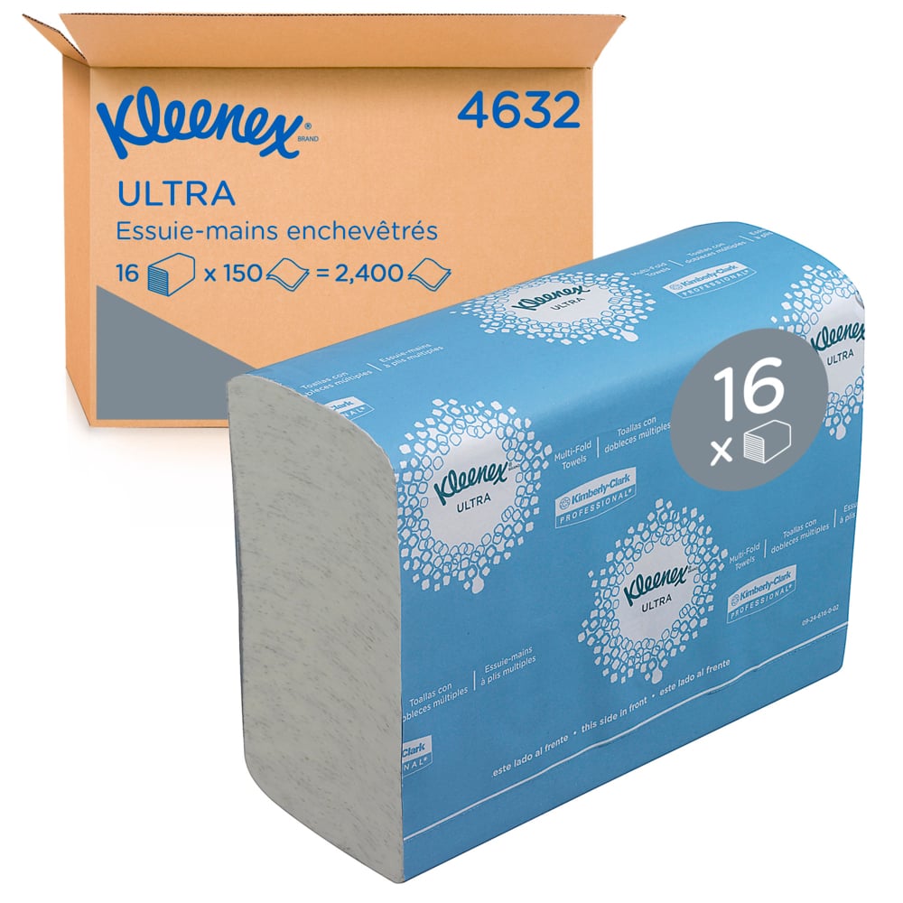 Essuie-mains enchevêtrés Kleenex® Ultra™ 4632 - 150 blancs 2 épaisseurs par paquet (16 paquets par boîte)