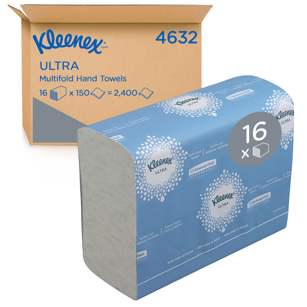 Essuie-mains enchevêtrés Kleenex® Ultra™ 4632 - 150 blancs 2 épaisseurs par paquet (16 paquets par boîte) - 4632