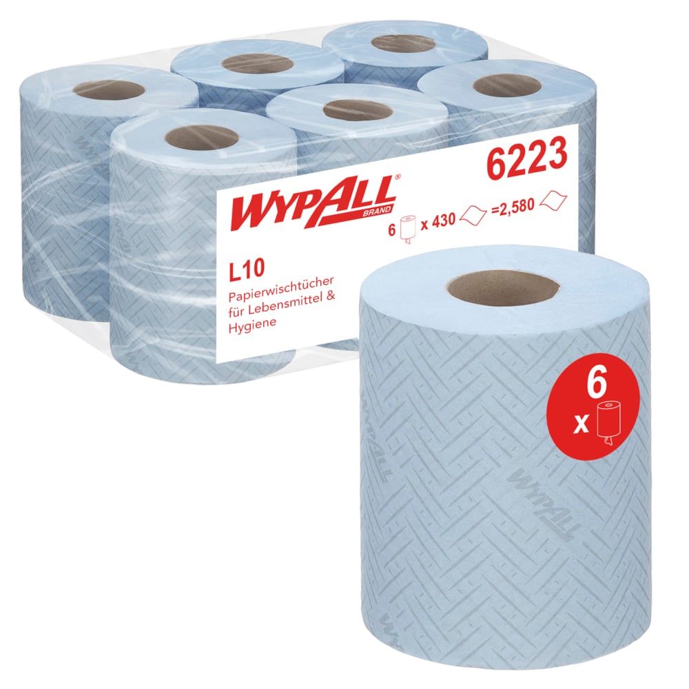 WypAll® L10 Papierreinigungstücher für Lebensmittel und Hygiene 6223 – 1-lagige blaue Rolle mit Zentralentnahme – 6 Rollen mit Zentralentnahme x 430 Papierreinigungstücher (insges. 2.580) - 6223