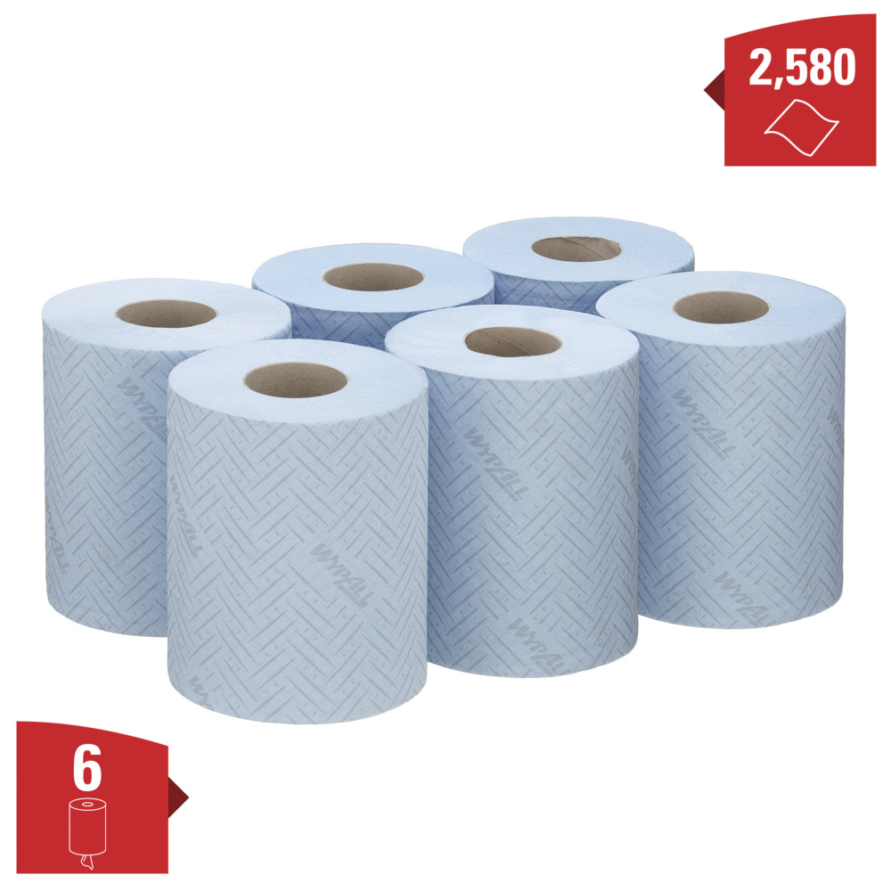 Essuyeur WypAll® L10 Hygiène & Surfaces Alimentaires 6223 - Rouleau bleu à dévidage central 1 épaisseur - 6 rouleaux à dévidage central x 430 essuyeurs en papier (2 580 au total) - 6223