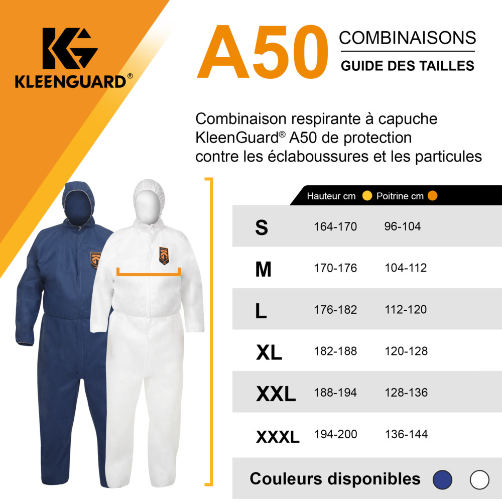 Combinaison respirante à capuche contre les particules et les projections KleenGuard® A50 96810 - Blanc, taille S, 1 x 25 (25 pièces au total) - 96810
