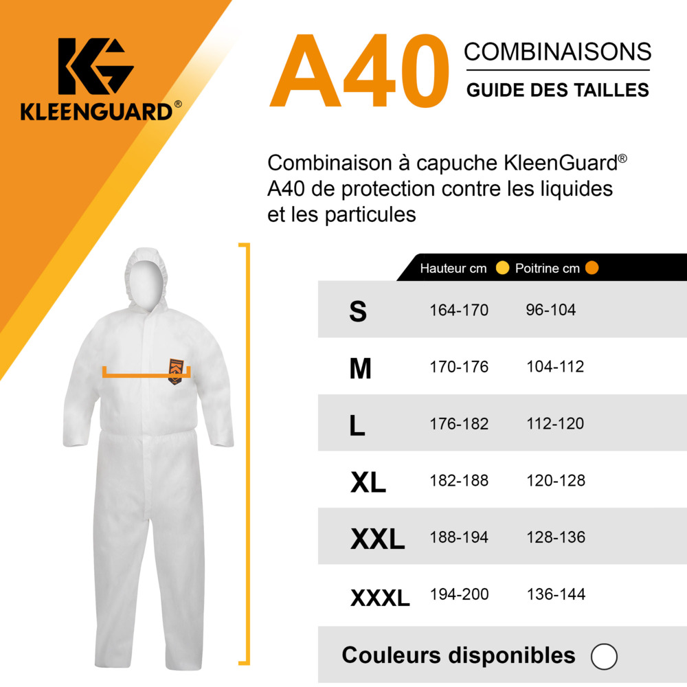 Combinaison à capuche contre les particules et les liquides KleenGuard® A40 97930 - Blanc, taille XL, 1 x 25 (25 pièces au total);Combinaisons à capuche de protection contre les liquides et les particules KleenGuard® A40 97930 - EPI - 25 combinaisons blanches jetables taille XL - 97930