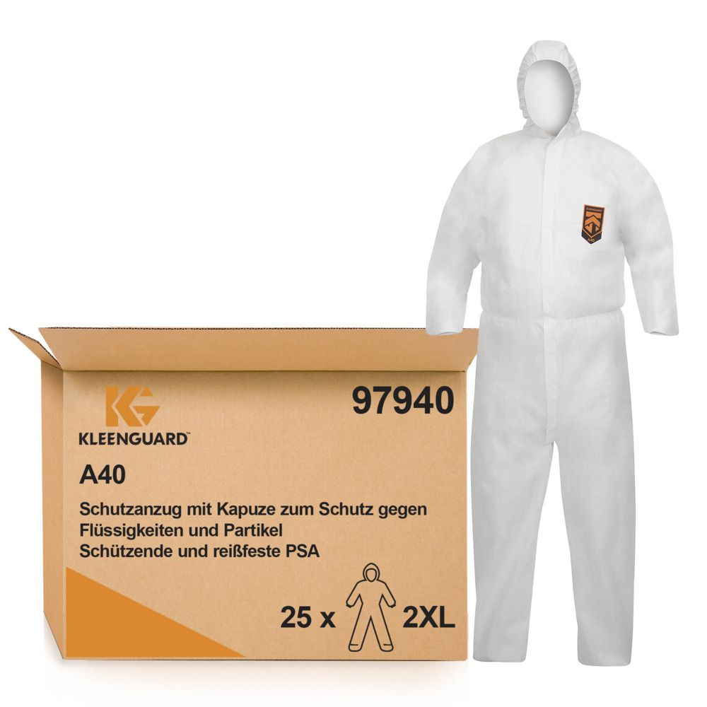 KleenGuard® A40 Overalls met capuchon voor bescherming tegen waterspatten of chemische spatten 97940 - PBM - 25 x witte overalls voor eenmalig gebruik in maat 2XL - 97940