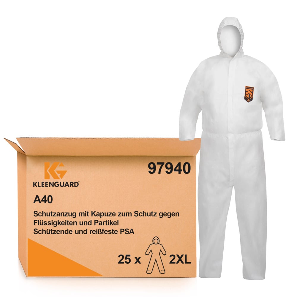 KleenGuard® A40 Overalls met capuchon voor bescherming tegen waterspatten of chemische spatten 97940 - PBM - 25 x witte overalls voor eenmalig gebruik in maat 2XL - 97940