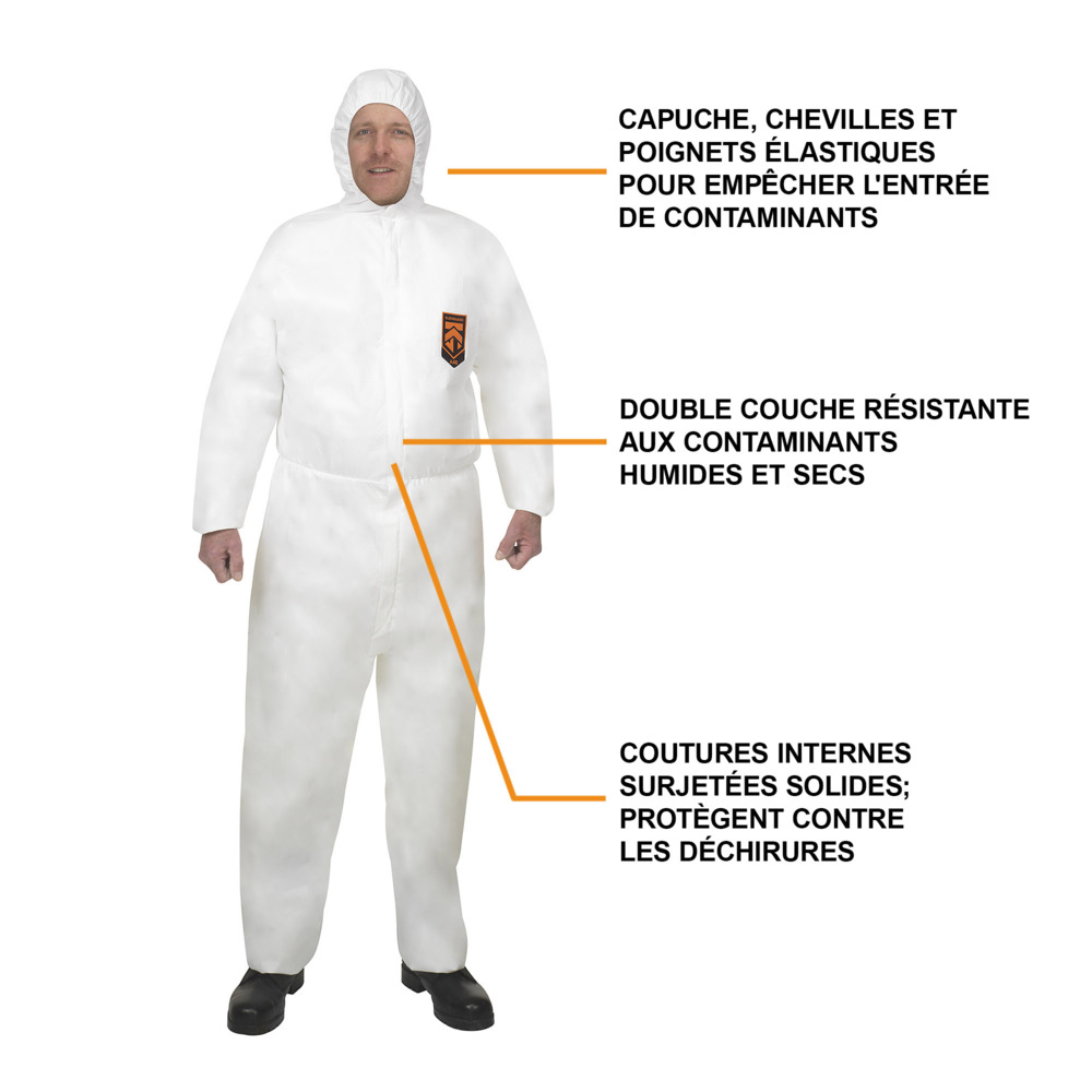 Combinaisons à capuche de protection contre les liquides et les particules KleenGuard® A40 97940 - EPI - 25 combinaisons blanches jetables taille 2XL - 97940