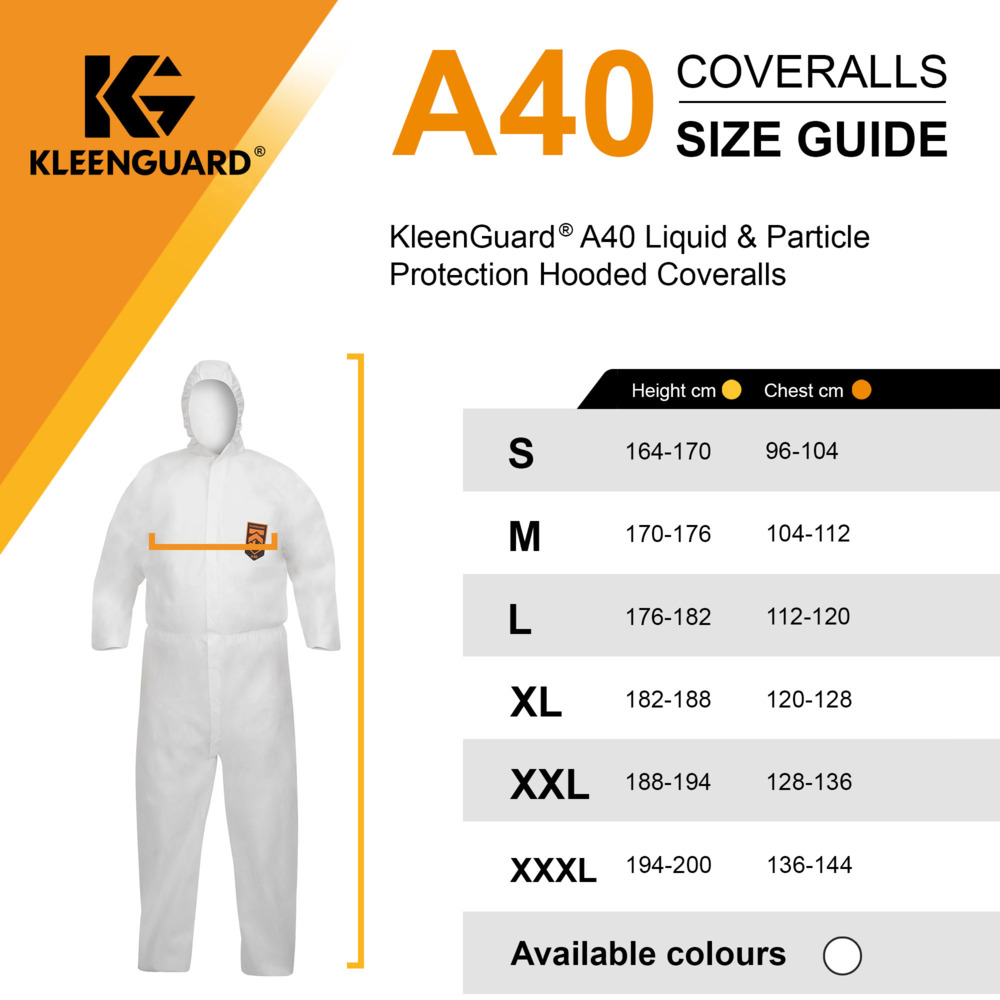 Combinaison à capuche contre les particules et les liquides KleenGuard® A40 97930 - Blanc, taille XL, 1 x 25 (25 pièces au total);Combinaisons à capuche de protection contre les liquides et les particules KleenGuard® A40 97930 - EPI - 25 combinaisons blanches jetables taille XL - 97930