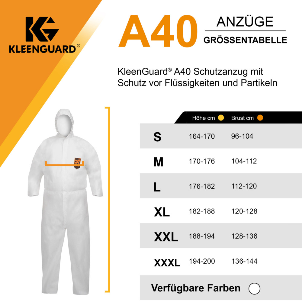 Combinaison à capuche contre les particules et les liquides KleenGuard® A40 97930 - Blanc, taille XL, 1 x 25 (25 pièces au total);Combinaisons à capuche de protection contre les liquides et les particules KleenGuard® A40 97930 - EPI - 25 combinaisons blanches jetables taille XL - 97930